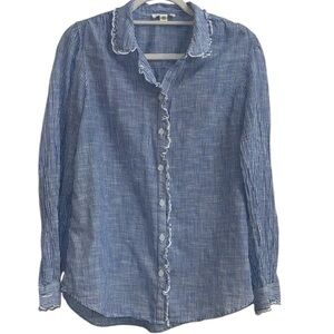 Beachlunchlounge Blue Stripe Ruffle Trim Button Down Shirt XS